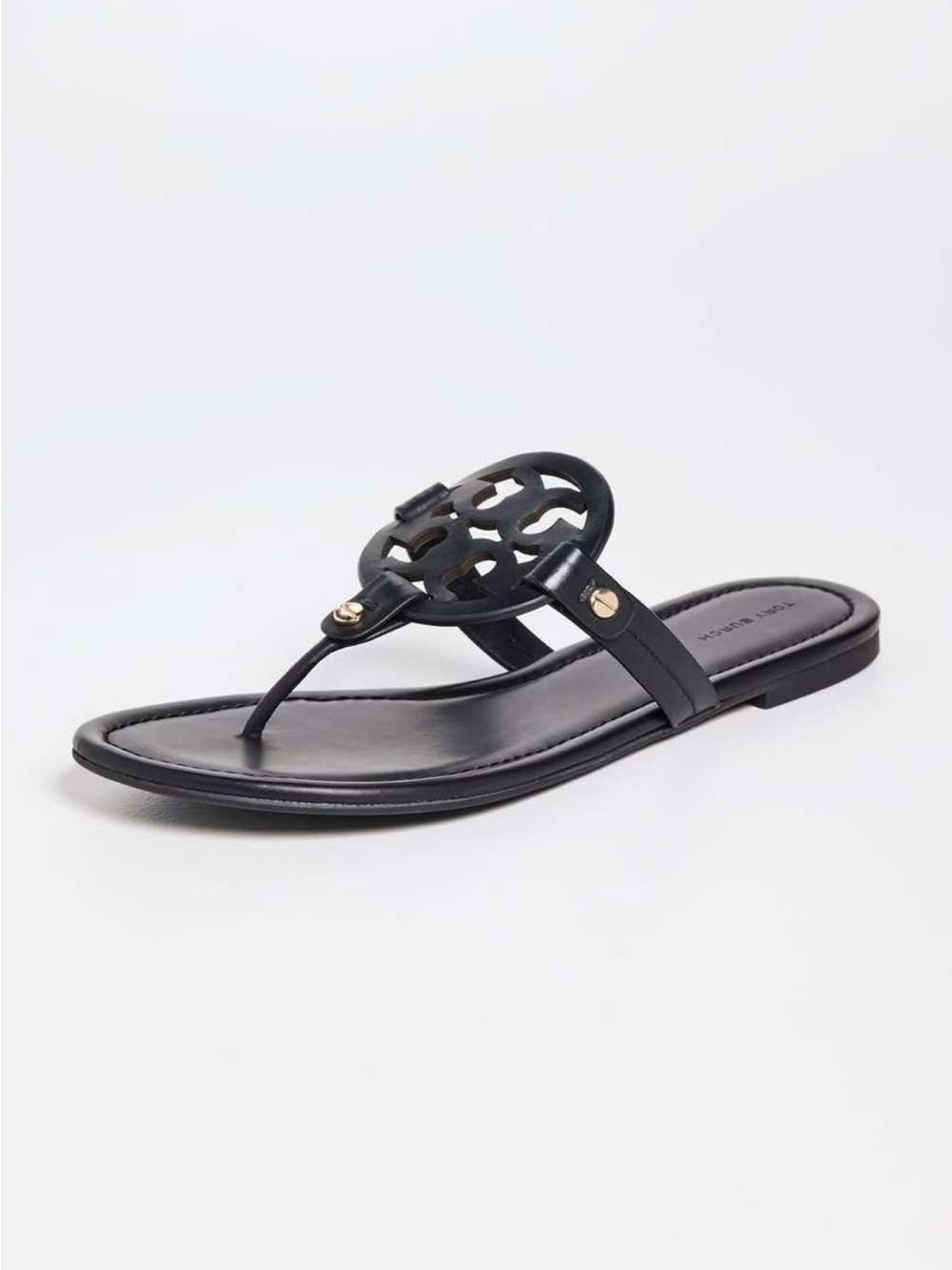 Tory Burch Black Logo Thong Sandal with Gold Studs